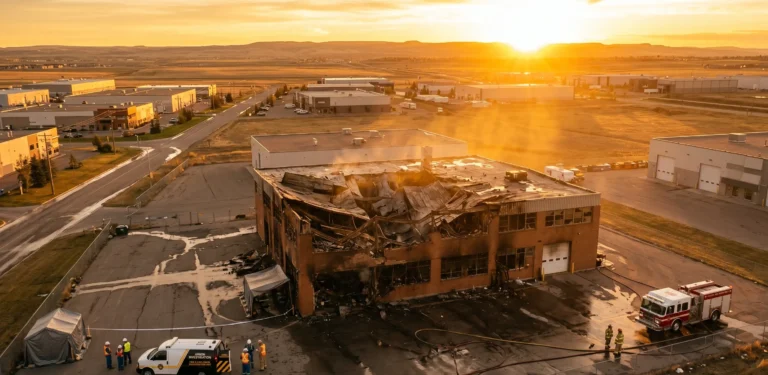 Fire-damaged warehouse building at sunset during an arson investigation — arson defence lawyer Alberta