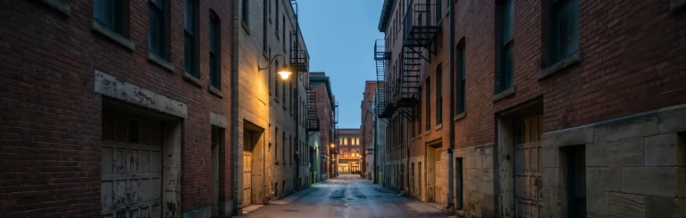 A quiet Calgary alley at dusk with vintage architectural lighting — break and enter lawyer Alberta