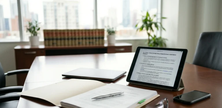 A professional law office desk showing a tablet, digital devices, and legal files, representing digital evidence review for a child luring defence in Alberta.