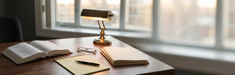 Open law book and notes on a defence lawyer's desk