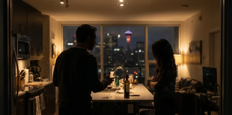 Silhouetted view through a window of a tense conversation
