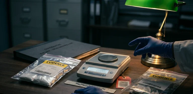 A gloved hand weighing sealed police evidence bags on a digital scale