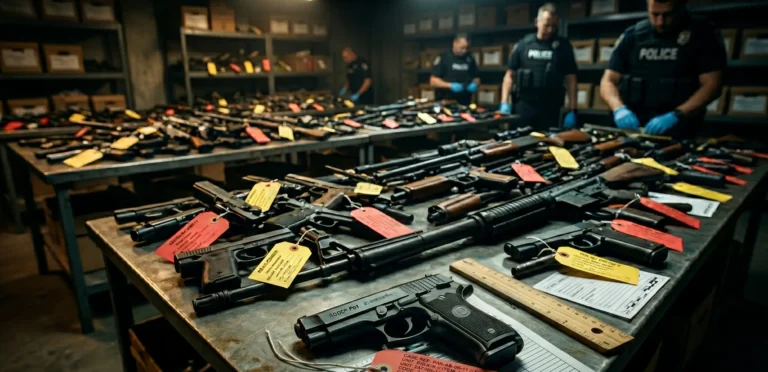 A massive collection of seized handguns and rifles with police evidence tags lying flat on a metal table in an evidence room, representing the complex firearms offences defence Alberta residents rely on to challenge weapons charges.