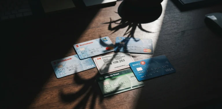 Credit cards and an open wallet on a dark wooden desk in low light — identity theft lawyer Alberta