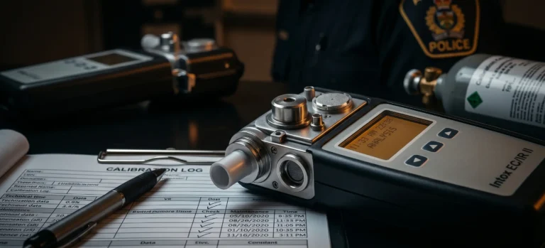 A technical close-up of a breathalyzer instrument and police calibration logs, representing the meticulous impaired driving defence Alberta drivers rely on to challenge criminal DUI charges.