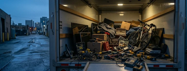 The back of a cargo truck filled with tools and electronics in a dark alley, illustrating the types of evidence a possession of stolen property lawyer will review in a criminal case.