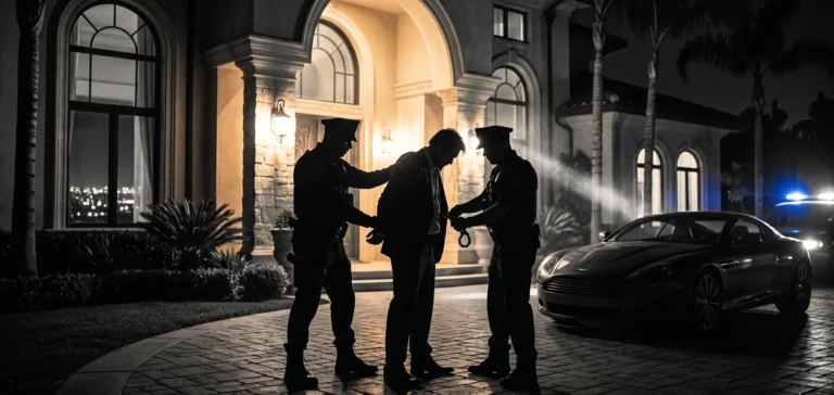 Police arresting a man in a suit outside a residence at night