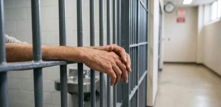 Close-up of a person's hands resting on the steel bars of a jail cell, representing an individual awaiting a bail hearing in Alberta.