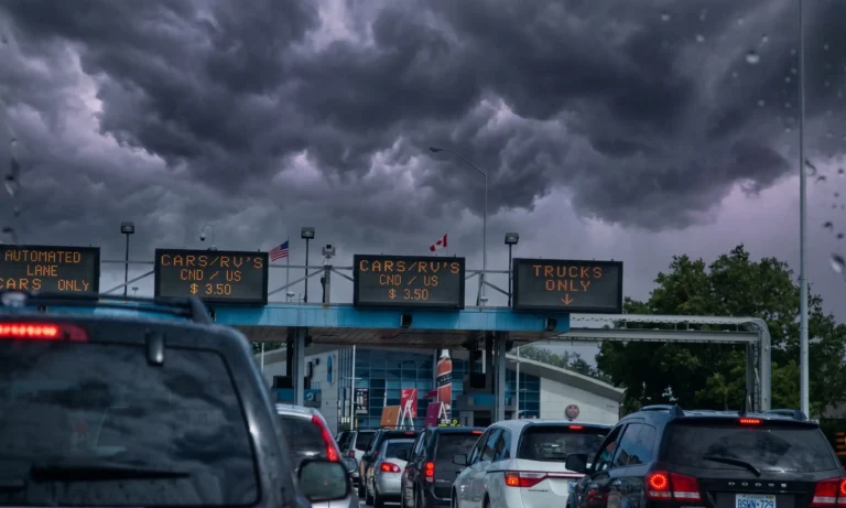 Lineup of cars queuing at a Canada-US border crossing under ominous storm clouds, illustrating the high-stakes travel and immigration consequences of a criminal record.