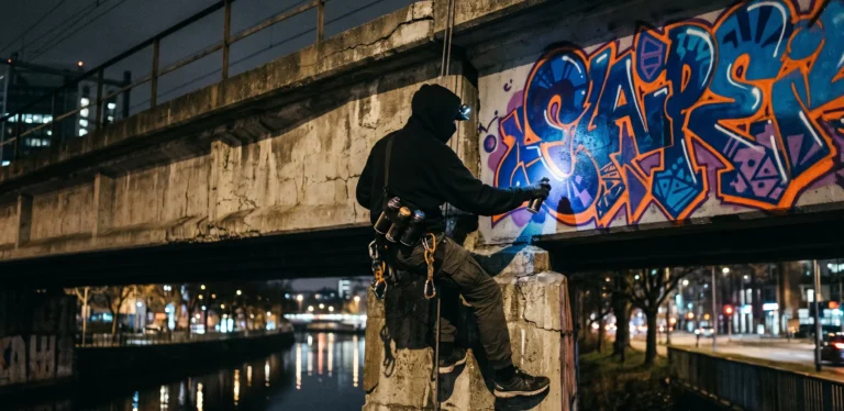 A person in a black hoodie hanging from a concrete bridge at night while spray-painting colorful graffiti, illustrating criminal mischief and property damage charges in Alberta.