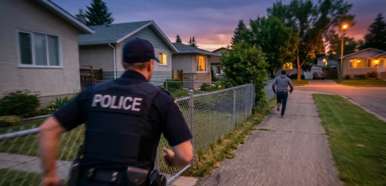 A Calgary police officer chasing a fleeing suspect at twilight, illustrating a legal case for an obstruction of peace officer lawyer in Alberta.