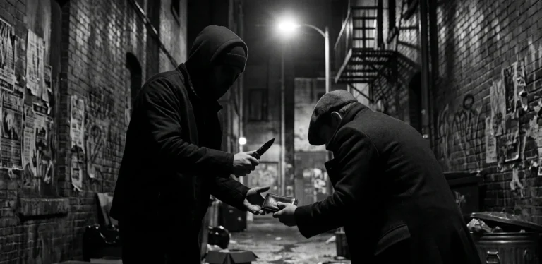 A dramatic noir-style depiction of an armed robbery in a dark alley, illustrating the serious nature of theft and assault charges handled by an Alberta robbery lawyer