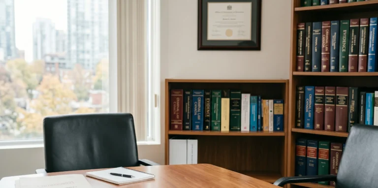 An empty, professional law office consultation room in Alberta featuring a wooden conference table, Canadian criminal law books on bookshelves, and a bright window view, representing a confidential and respectful meeting space for sexual assault defence Alberta.