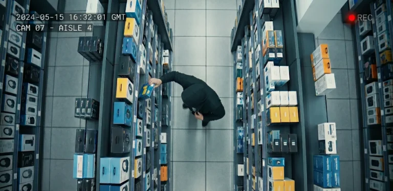Bird’s-eye view security camera footage of a shoplifting incident in an electronics store, illustrating surveillance evidence for an Alberta theft lawyer.
