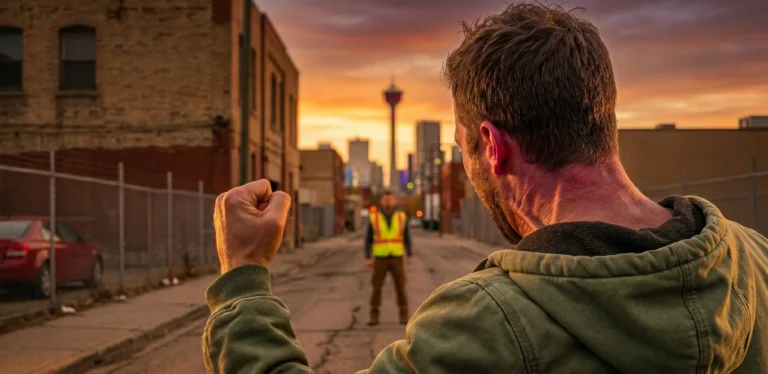 An angry man with a strained neck and raised fist shouting aggressively down a Calgary street at sunset, representing a criminal case for an uttering threats lawyer in Alberta.